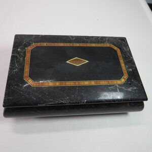 Music Box Jewelry Box Faux Black Marble w Wood Inlay  "Minuet (Mozart)" Unisex